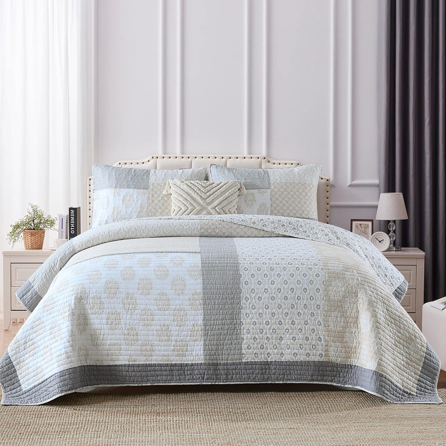 PANGUSHAN Quilt Set King Size, 100% Cotton Bedspread Quilt Bedding Set, Floral Patchwork Quilt Set for King Bed, Moonbeam Bed Spread, Lightweight Comforter Reversible Quilt, All Season, 3 Pieces