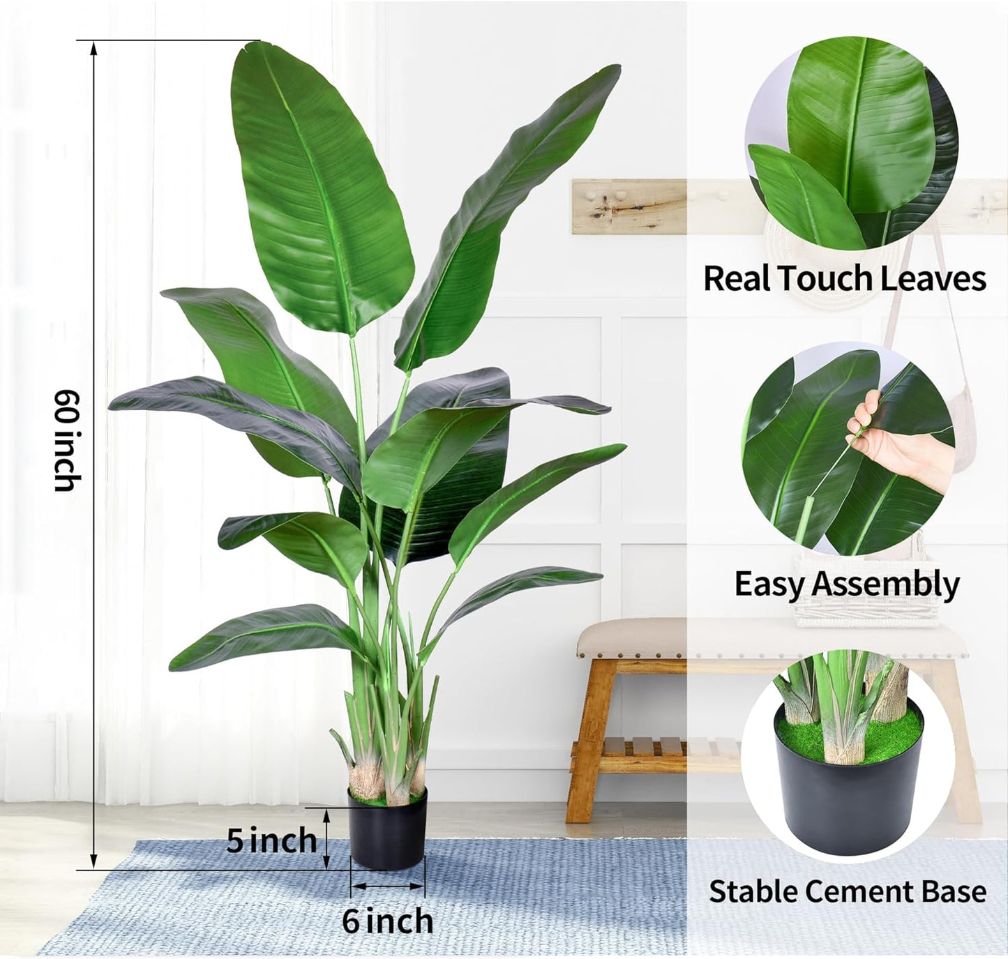 Artificial Bird of Paradise Plant,Faux Palm Tree Potted Plant with Real Touch Leaves,Fake Trees for Home Living Room Office Indoor Outdoor Decor(5FT-1Pack)