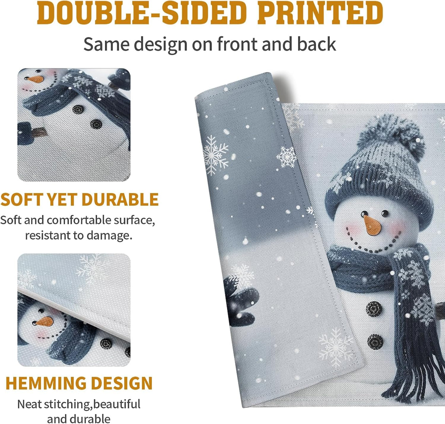 Snowman Placemats Set of 4, 12x18 Inch Winter Cute Blue Snowman Snowflake Table Mats Seasonal Christmas Holiday Washable Linen Fabric Place Mats for Farmhouse Party Kitchen Dining Decor