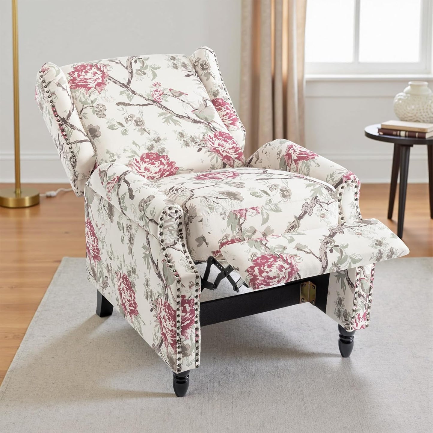 UIXE Pushback Recliner Chair, Fabric Upholstered Armchair Push Back Accent Chair for Living Room, Rivet Trim Home Theater Single Sofa Bedroom Reading Seat with Footrest - Beige Floral