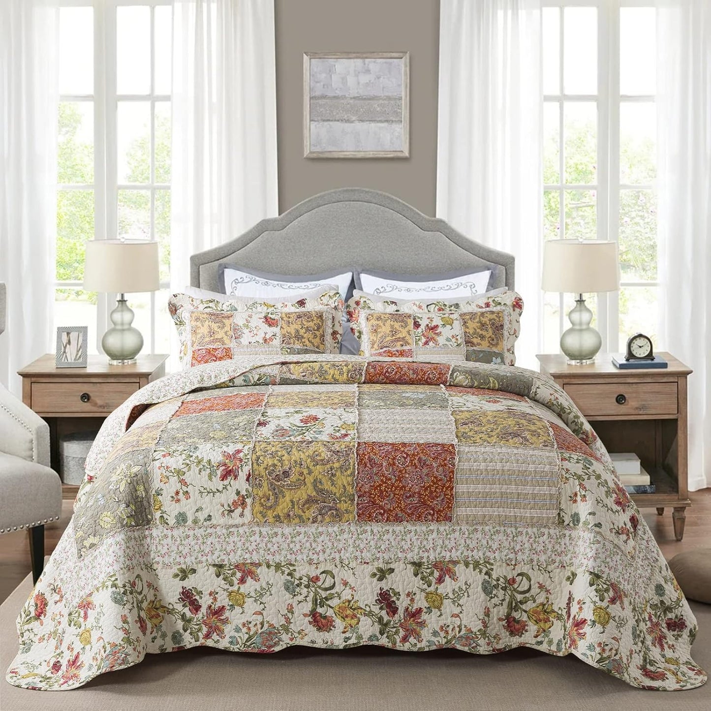 NEWLAKE Cotton Patchwork Bedspread, 3-Piece Bedding Quilt Set with Real Stitched Embroidery, Reversible Matelasse Bed Coverlet Set,Floral Paisley Grid with Lace,Queen Size