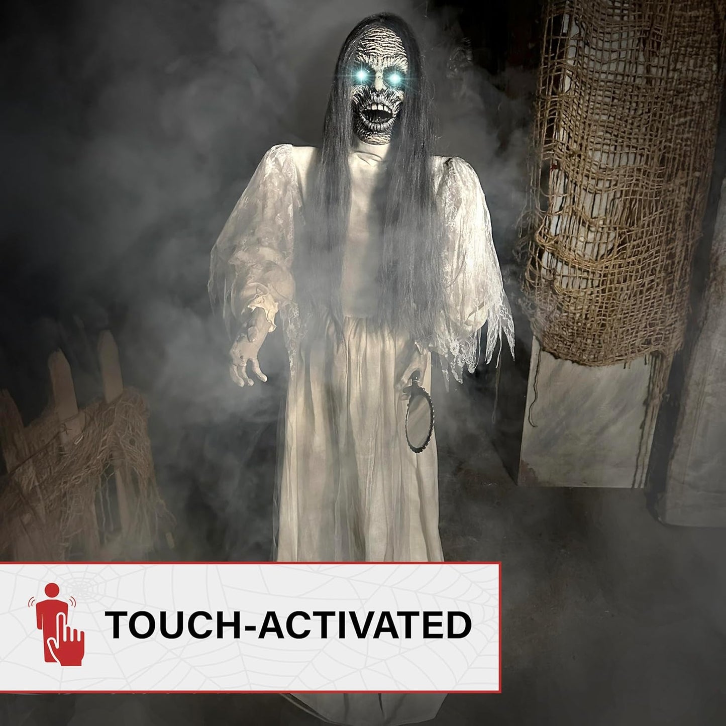 Haunted Hill Farm Lifesize Scary Haunted Woman Halloween Prop with Touch Activated Lights and Sound, Battery-Operated Indoor or Covered Outdoor Halloween Decoration