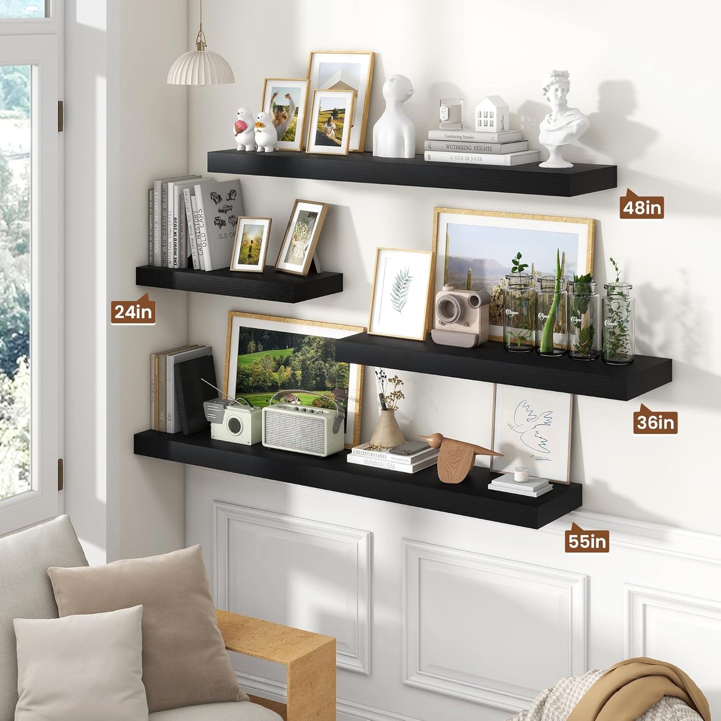 Heimlove 36 Inch Black Floating Shelves for Wall,10 Inch Deep Wood Shelves with Invisible Brackets,Wall Mounted Storage & Display Shelves for Bedroom,Living Room,Kitchen,Office