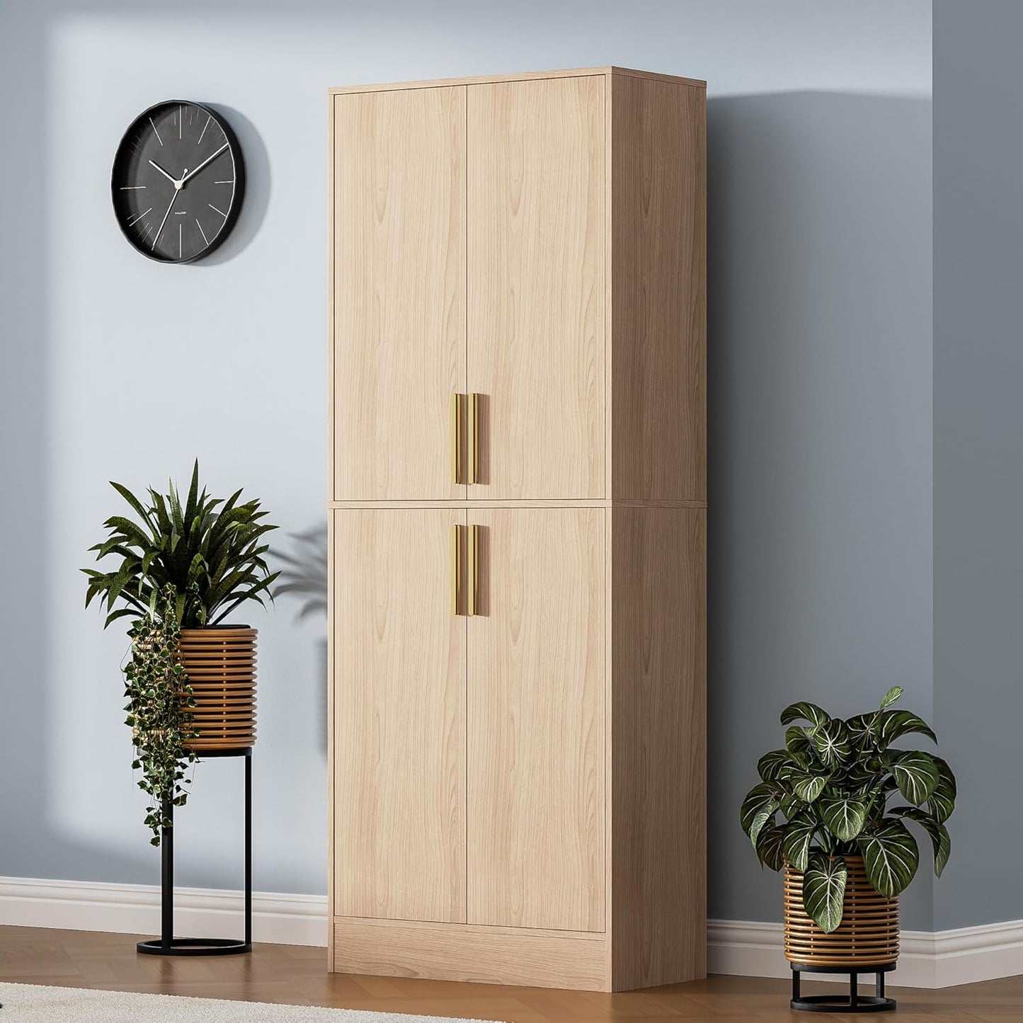 71" Tall Pantry Cabinet with 4 Doors, Kitchen Pantry Storage Cabinet, Freestanding Larder Cupboard, Utility Kitchen Hutch with Gold Handles for Dining Room, Bathroom, Oak