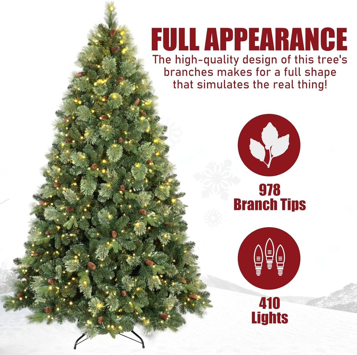 Kadunmina 6ft Prelit Christmas Tree, Artificial Carolina Pine Christmas Tree with 410 Warm White Lights, Pine Cones, 980 Branch Tips and Metal Stand for Home, Office, Holiday Party Decoration