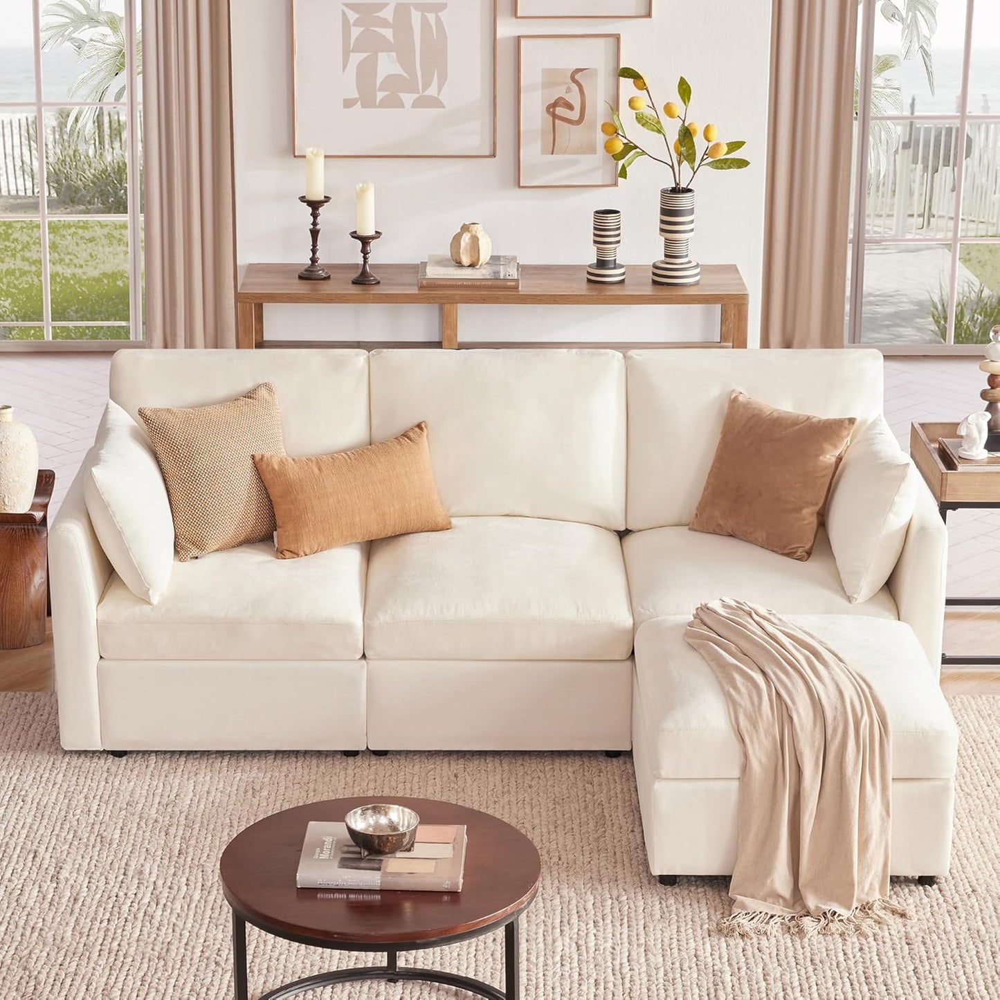 Tbfit 85" Convertible L Shaped Couch, Sectional Sofa for Living Room,Chenille Cloud Couch with Ottoman 4 Seat (Beige)