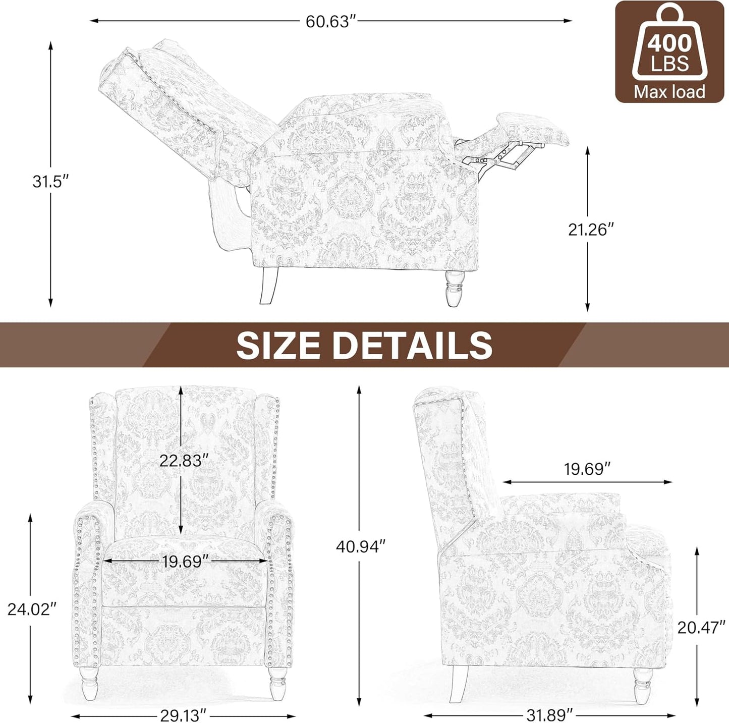 UIXE Recliner Chairs Set of 2, Fabric Armchair Upholstered Pushback Accent Chair for Living Room, Rivet Trim Club Chair Home Theater Single Sofa Bedroom Side Reading Seat - Beige Floral