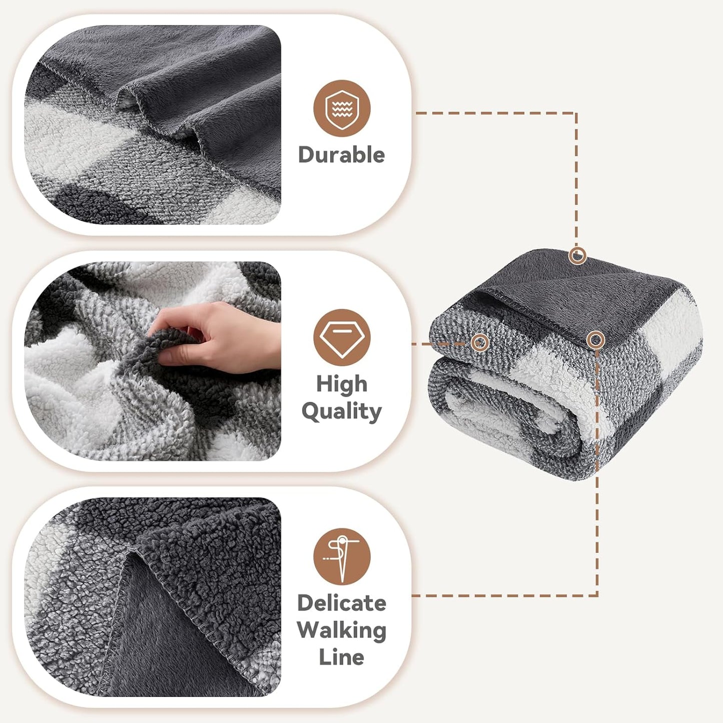 LURKA Checkered Sherpa Fleece Twin-Size Bed Blanket - Extra Thick and Warm Winter Soft Fuzzy Plush Blanket for Couches, Beds & Pets, Smoke Grey, 60x80 Inches
