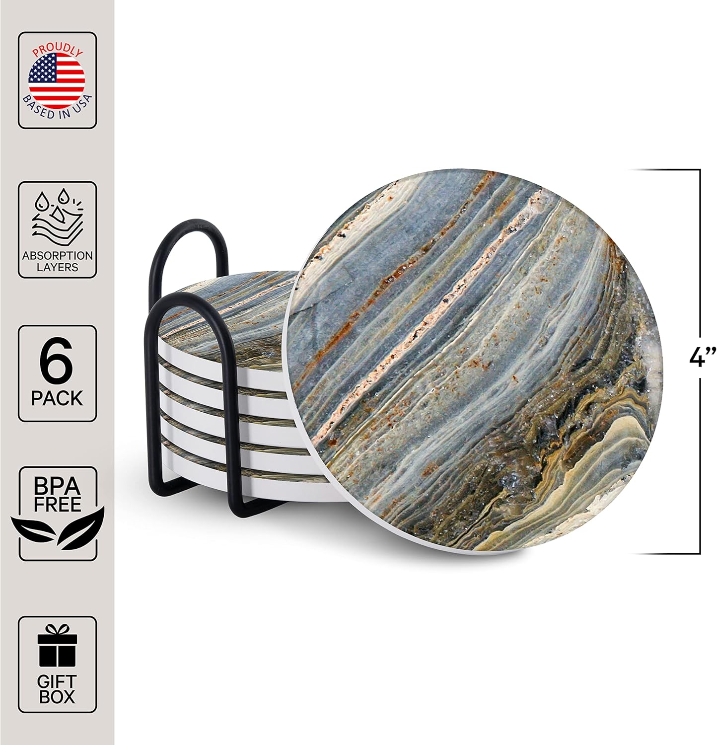 Emerson Coasters for Drinks Absorbent – Natural Stone Drink Coasters Set with Holder, Coasters for Coffee Table, Wooden Tabletop Protection Marble Style – 100% Heavy Duty Set of 6 (Moon)