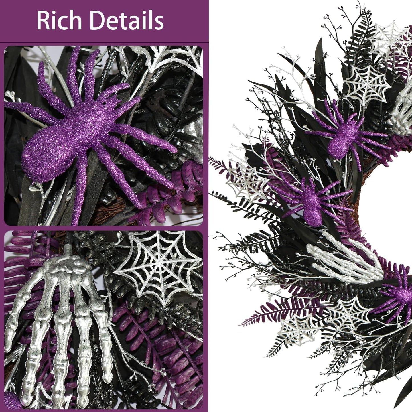 Halloween Decorations, Halloween Wreaths for Front Door 20", Purple Spiders Silver Skeleton Hands Black Leaves Halloween Decor for Doors Porch Wall, Gothic Party Horror Room Decor