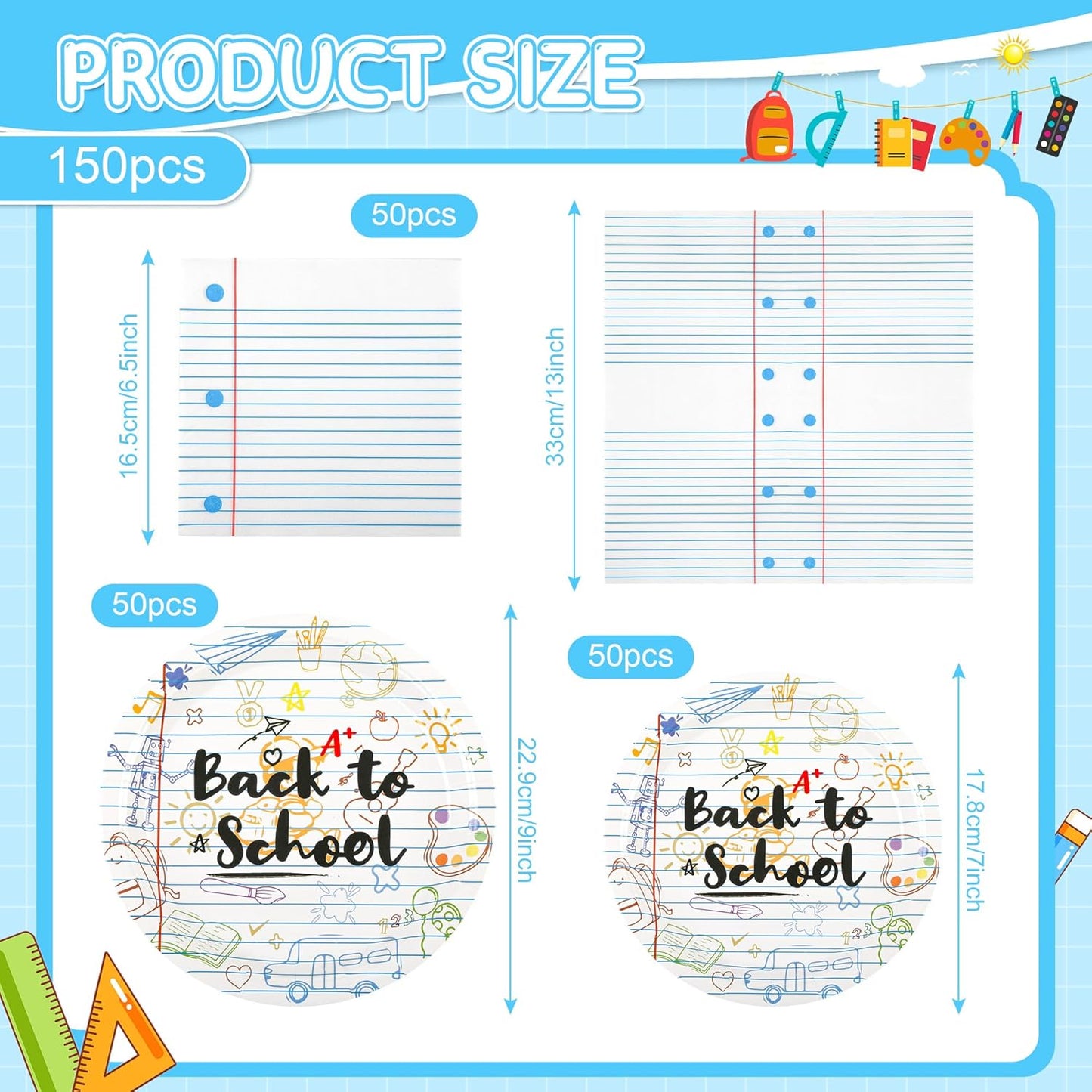 150Pcs Back to School Party Supplies Plates and Napkin Decor Back to School Themed Season Plates First Day of School Paper Plate Napkins Tableware for Schools, Families, Communities Party,Serves 50
