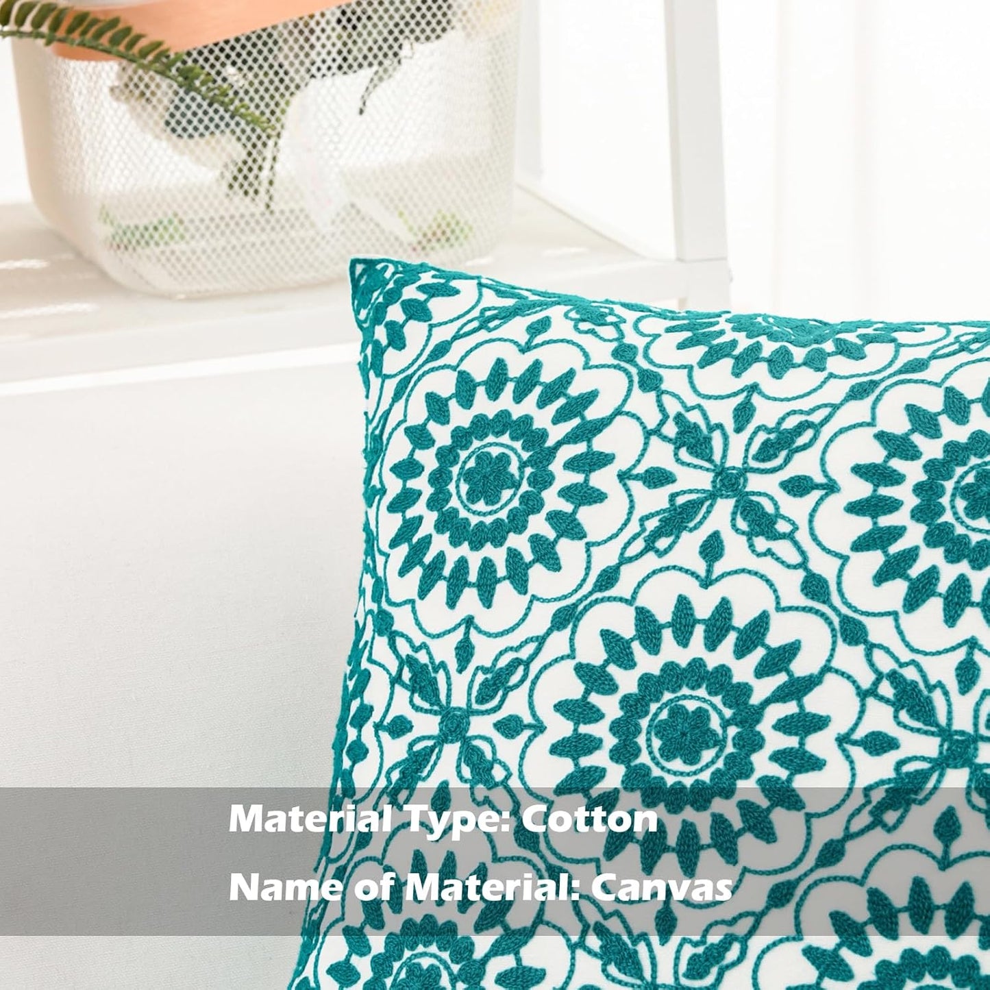 HWY 50 Teal Decorative Throw Pillow Covers 18x18 Inch (1 Piece), Embroidered Cotton Farmhouse Cushion Cover Pillow Case for Sofa Couch Living Room Bed, Little Sunflower