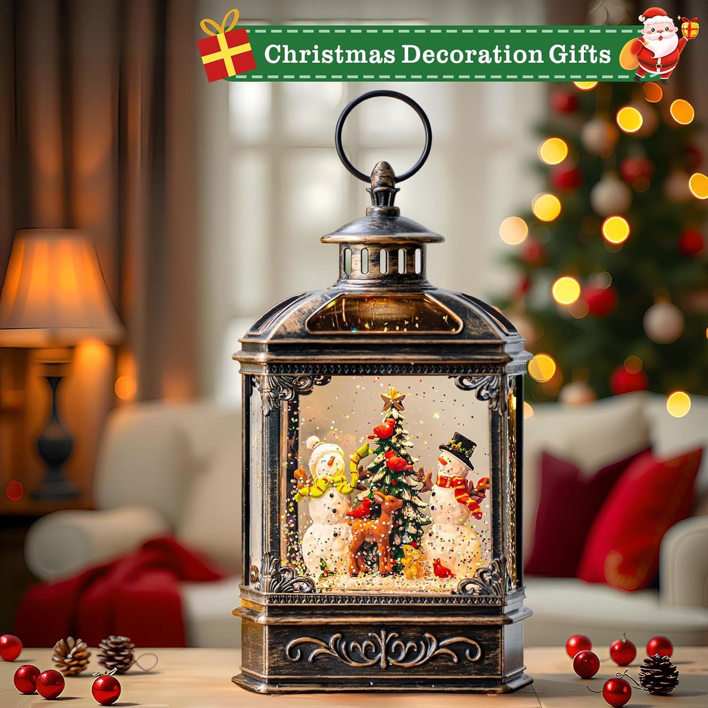 Christmas Snow Globes Lantern Christmas Snow Globe with Music Snowman and Christmas Tree,6H Timer,USB Lined/Battery Operated Lighted Lantern for Christmas Festival Decoration Gifts
