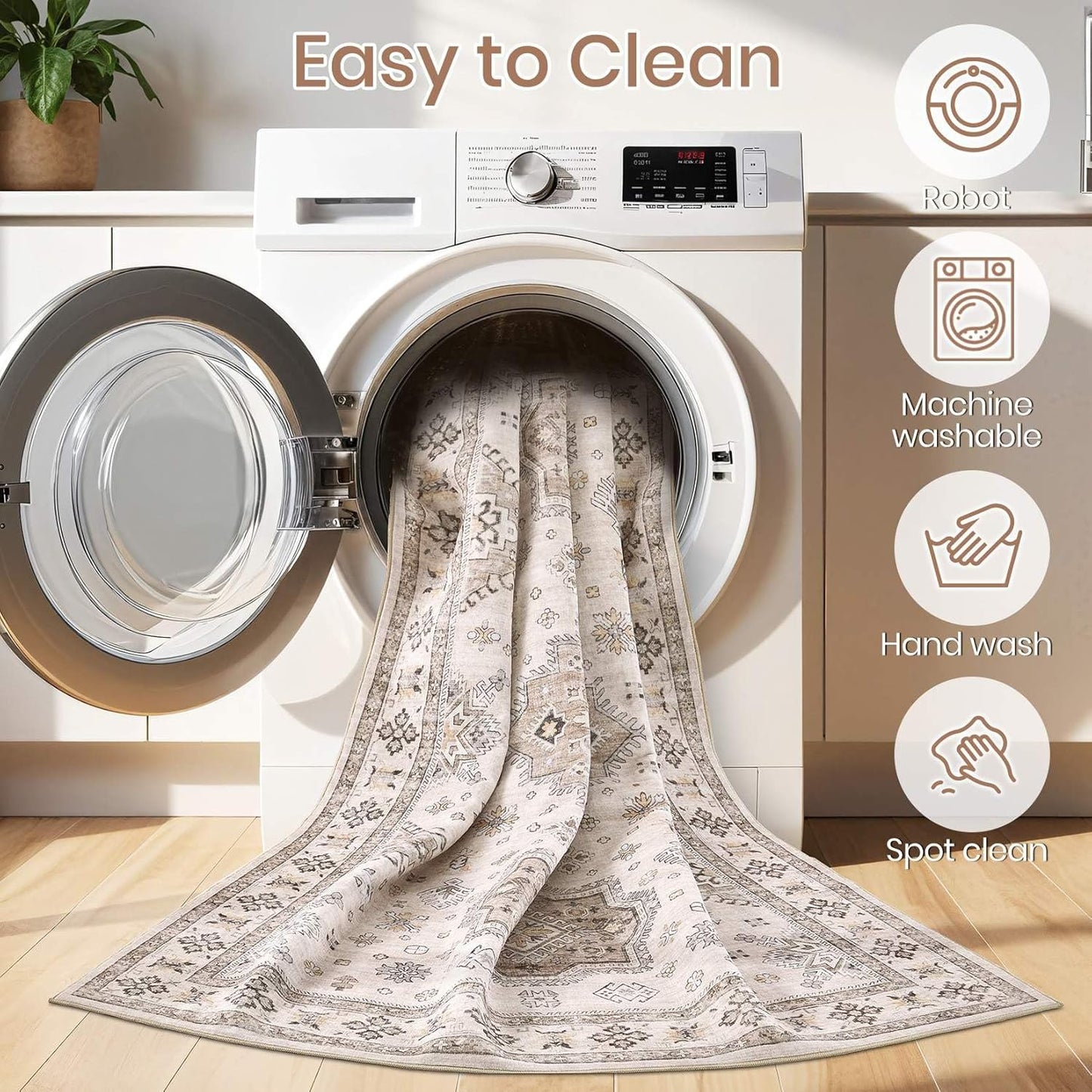 Washable Area Rugs for Living Room -8x10 Neutral Vintage Distressed Floral Farmhouse Boho Large Soft Floor Rug Indoor Non Slip Carpet for Living Room Bedroom Dining Room Office -Beige Brown