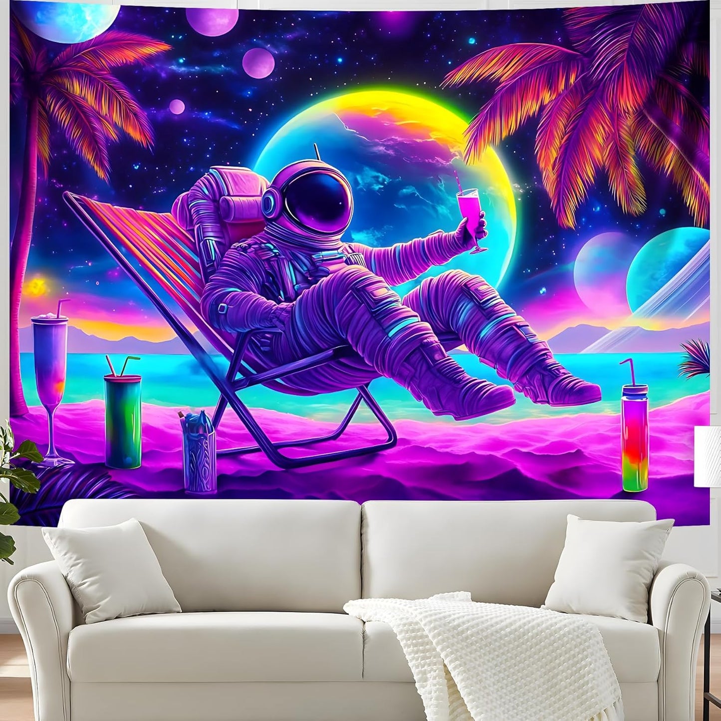 BVBOX Astronaut Space Blacklight Tapestry 79"x59", UV Reactive Astronaut Beach Lounge Chair Vacation Universe Planet Glow in Dark Tapestries, Black Light Neon Upright Poster Wall Hanging Backdrop Decor for Bedroom Living Room