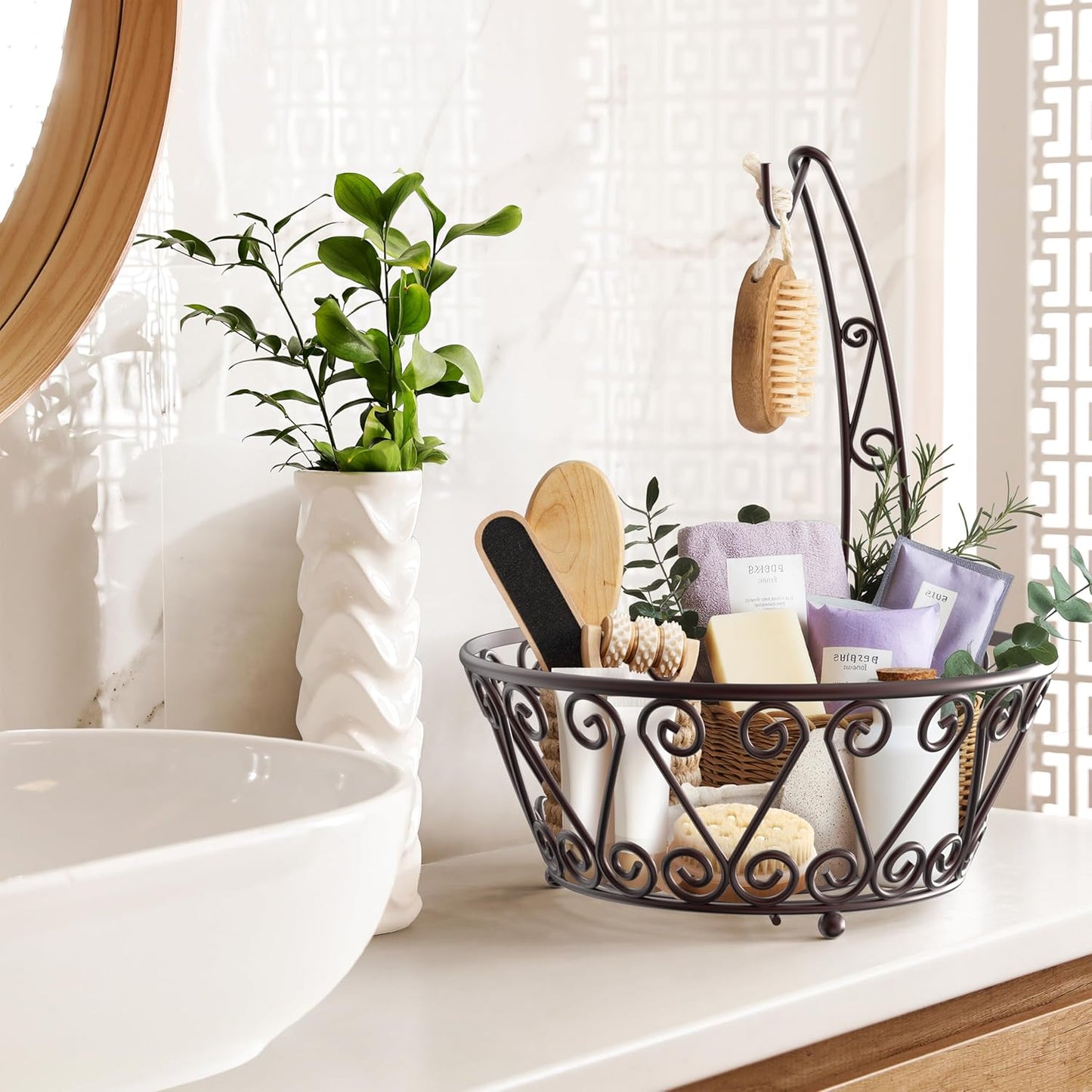 SimpleHouseware Fruit Basket Bowl with Banana Tree Hanger, Bronze