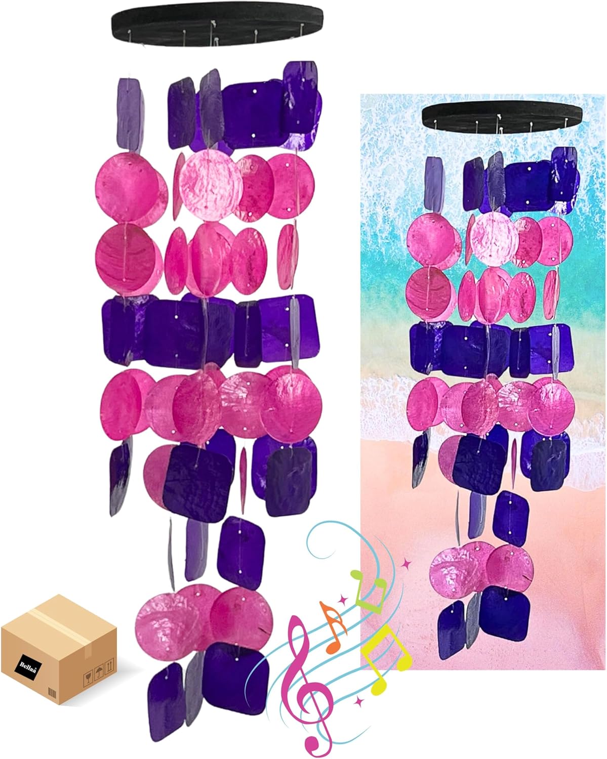 Bellaa 24841 Wind Chimes Outdoor, Garden Decorations, Musical, Indoor/Outside Windchimes, Beach, Ocean Breeze, Gifts for Mom, Gift for All Occasions, Capiz Sea Glass Shells Wood Pink Purple