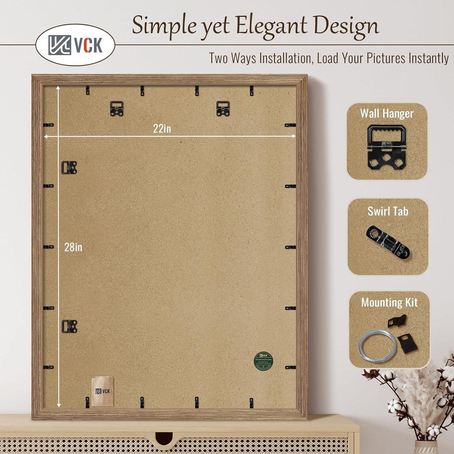 VCK 22x28 Frame 3 Pack - Brown Walnut, Natural Textured Solid Wood Poster Picture Frame, Wall Mounting Hanging