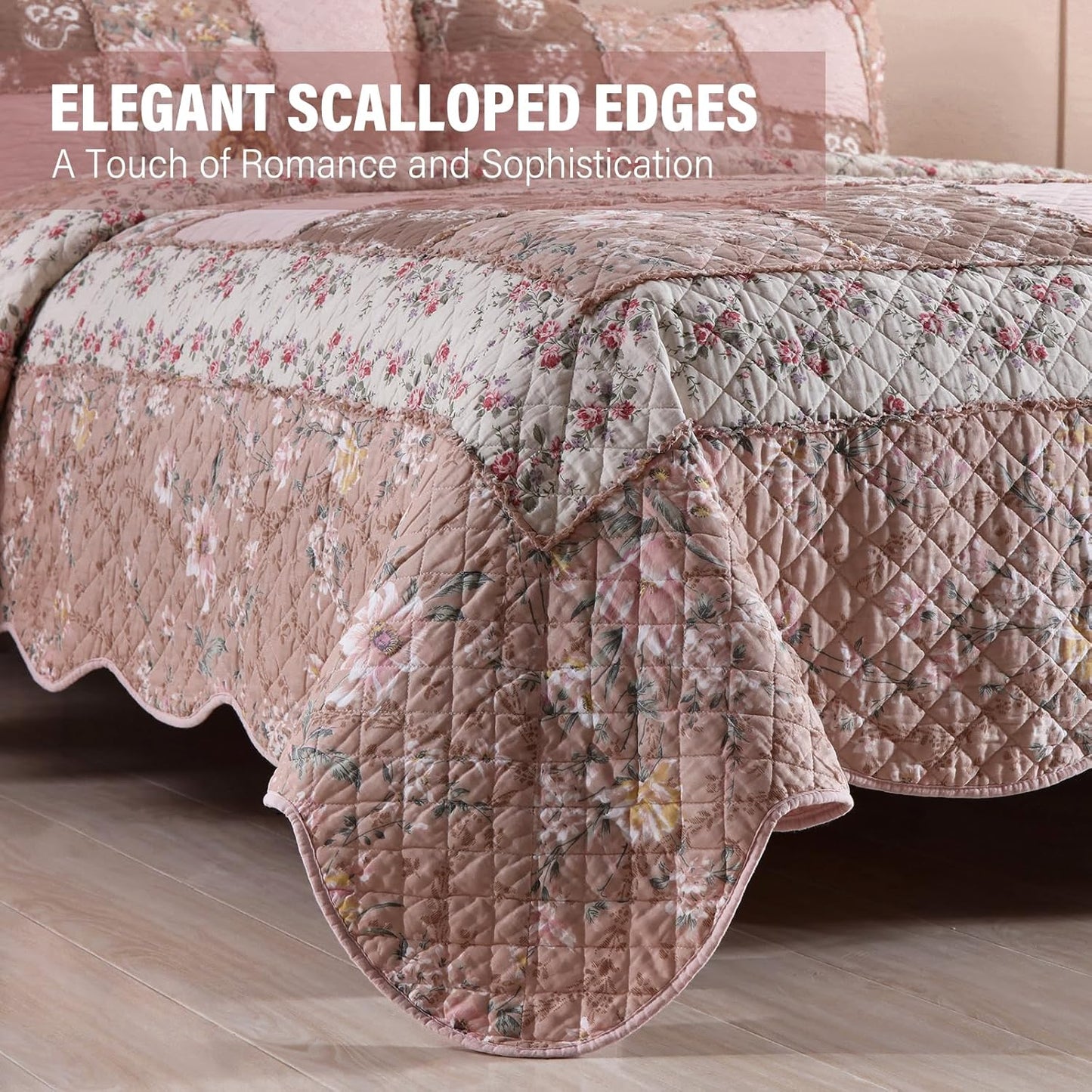 NEWLAKE Quilt Set King Size, Cotton Patchwork Pink Floral Quilt Sets, Real Stitched Embroidery Bedspread Lightweight and Breathable for All Seasons, Soft Quilted with 2 Pillow Shams