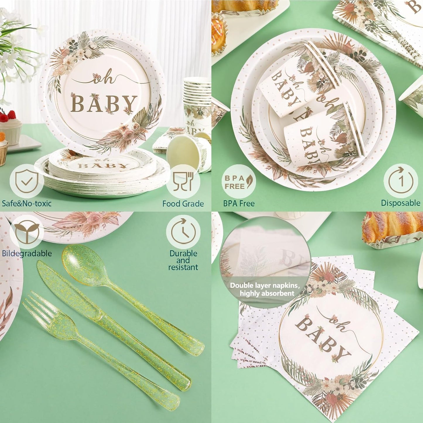 140 Pcs Boho Baby Shower Decorations for Girl, Baby Shower Plates and Cups and Napkins Sets, Oh Baby Plates for Western Sweet Baby Girl, Summer Fall Neutral, Serves 20