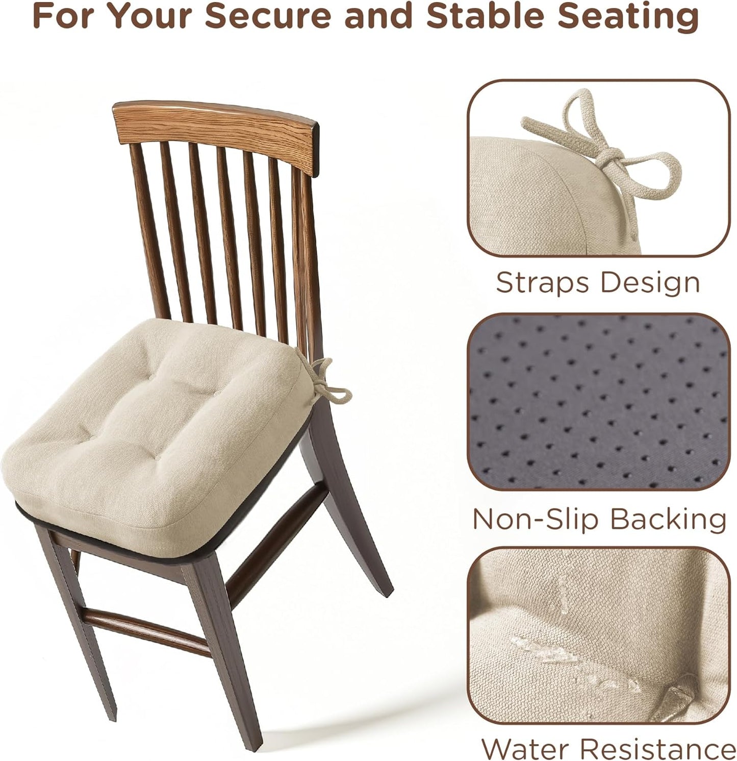 Codi 6 Pack Dining Chair Cushions, Thick Chairs Pads for Indoor Kitchen Room - Washable, Non-Slip Seat Cushion with Ties, 16.5"x16.5"x 3.5", Set of 6, Beige