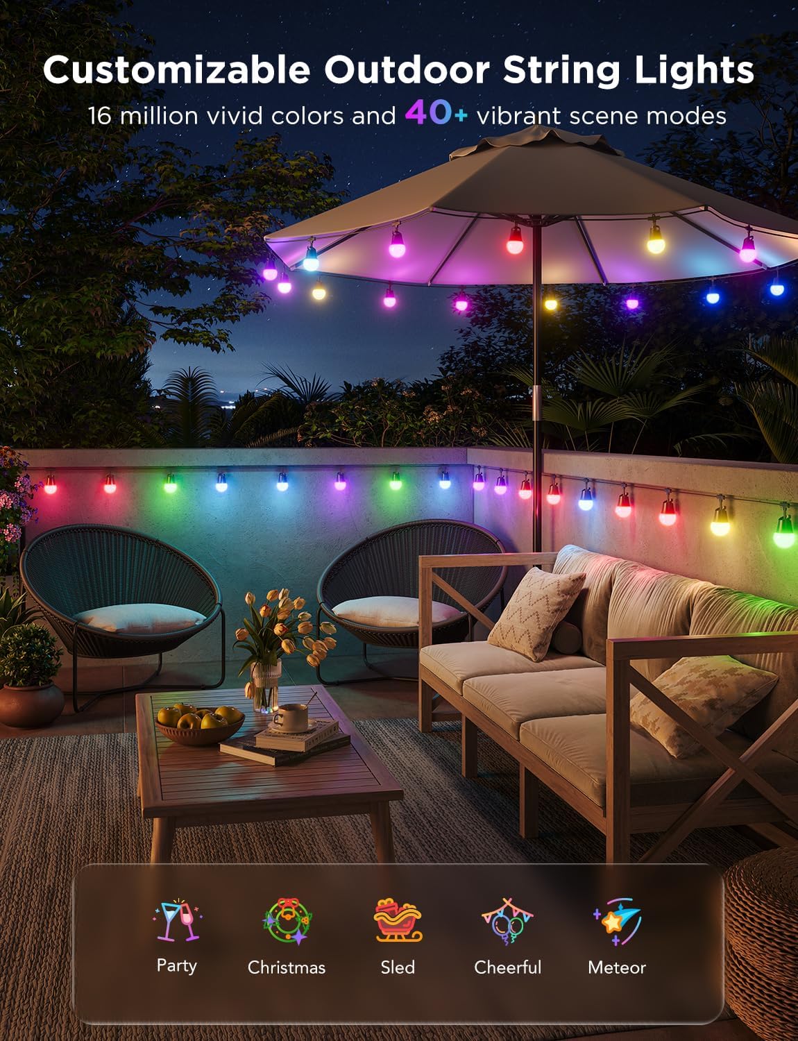 Govee Smart Outdoor String Lights 2, 96ft RGBIC Outdoor Lights with Dimmable Warm White LED Bulbs, 47 Scene Modes for Patio, Backyard, IP65 Waterproof, Works with Alexa, App Control