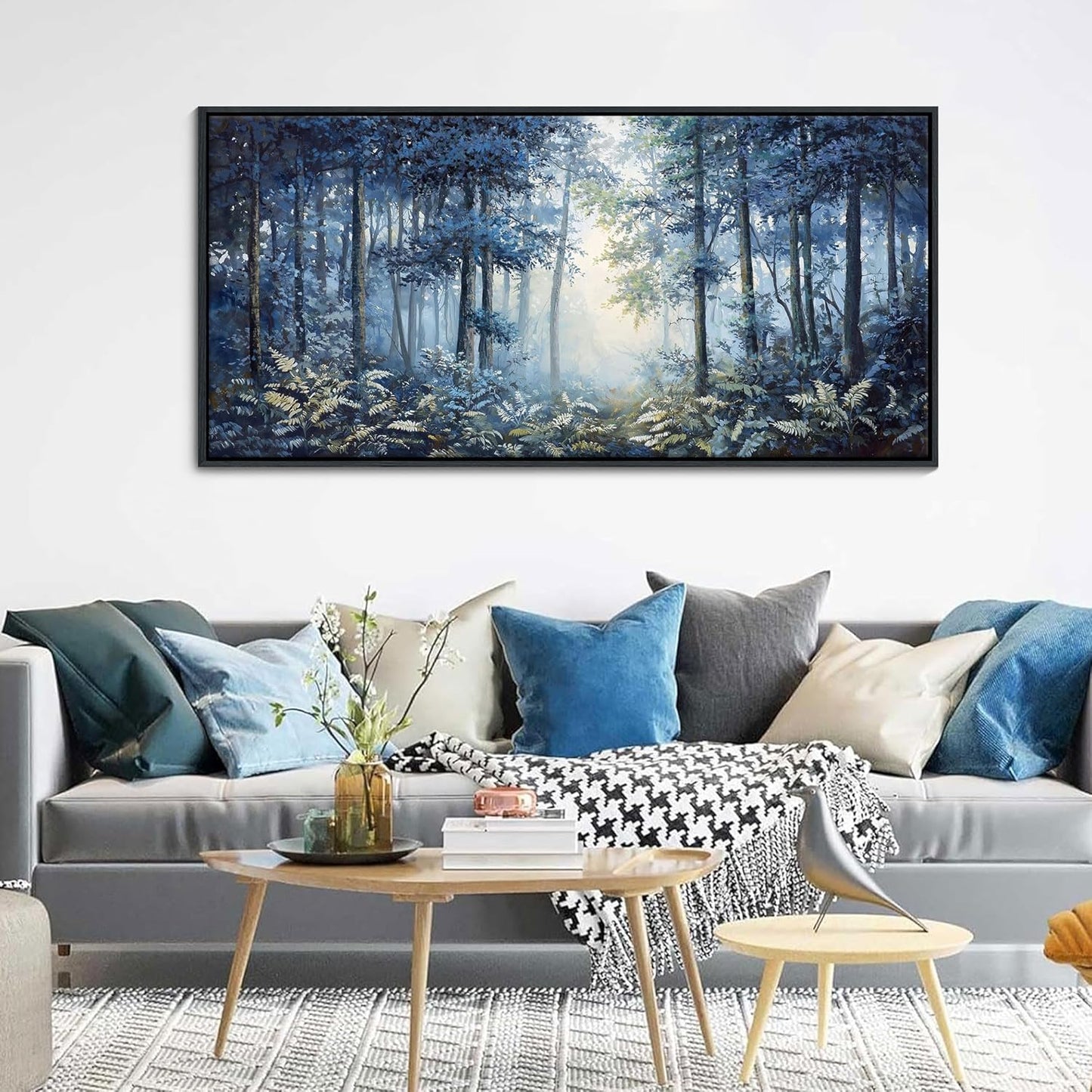 Forest Canvas Wall Art for Living Room - Navy Blue Bedroom Wall Art, Landscape Pictures Wall Decor, Forest Painting, Framed Nature Tree Artwork Walls 24×48IN