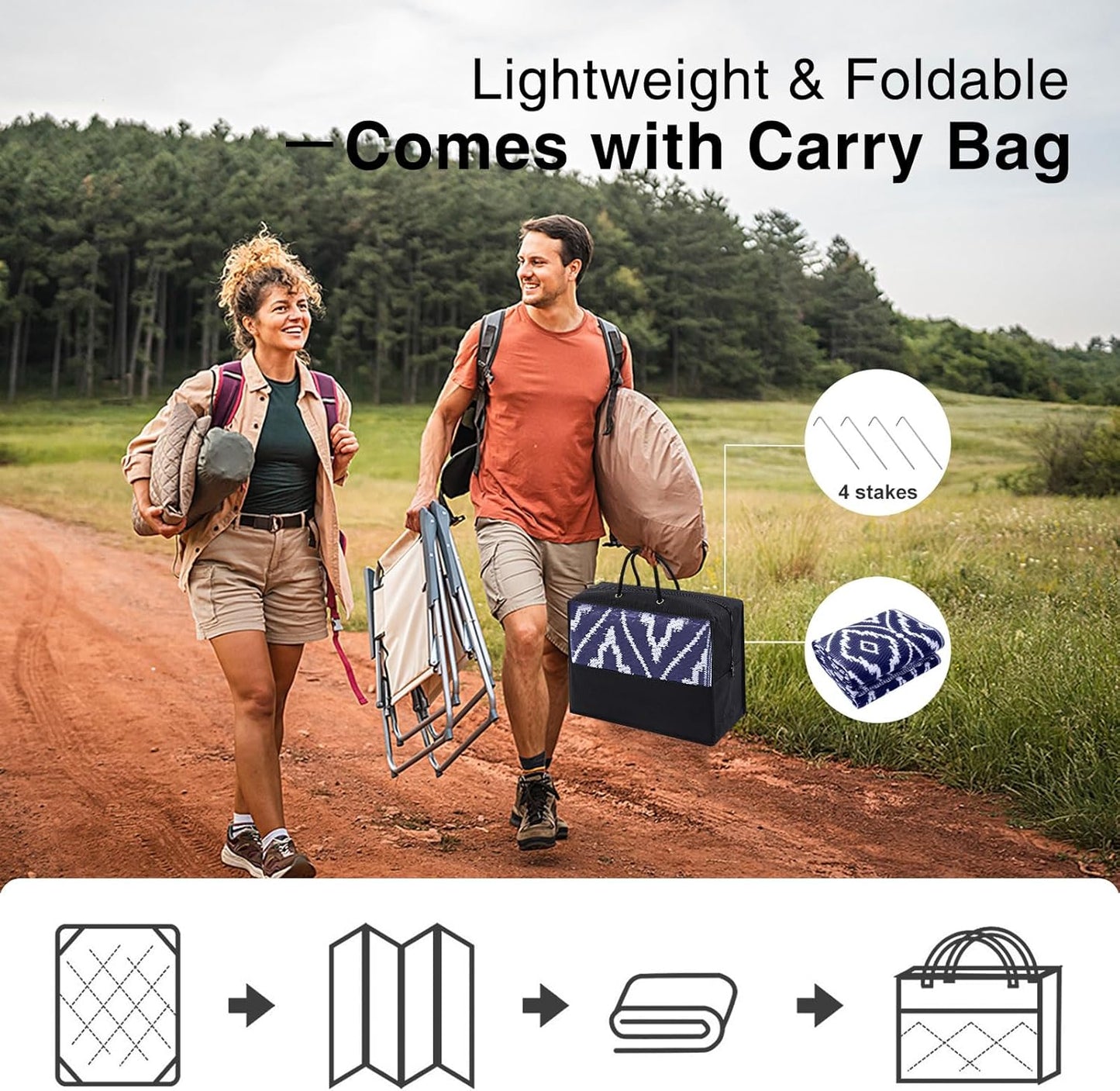 OLANLY Outdoor Rug 9x12 ft Waterproof, Outdoor Plastic Straw Rug with Geometric Pattern Clearance, Reversible RV Mat for Patio, Camping, Balcony, Deck, Backyard, Navy & White