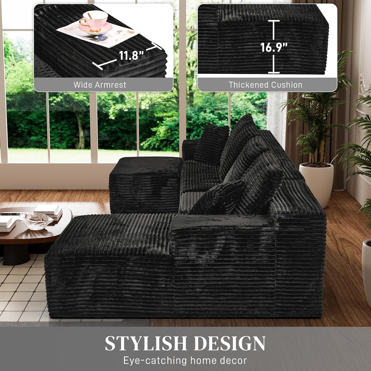 Modular Sectional Sofa Cloud Sectional Couch, 135" Comfy Fluffy U Shaped Black Couches for Living Room, Deep Seat Memory Foam Plush Corduroy Boneless Couch Sectionals with Right Facing Chaise Sofa