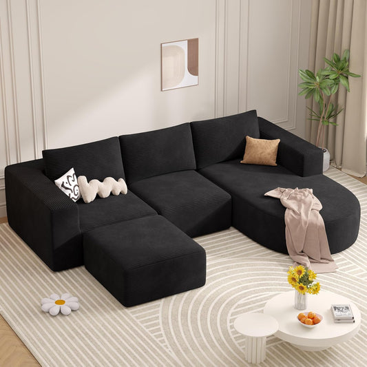 Modular Sectional Sofa with L-Shape Chaise,Cloud Sectional Modern Sleeper Couch with Deep Seat,Sponge Compression Sofas No Assembly Required (Black-Corduroy Fabric) 1pcs