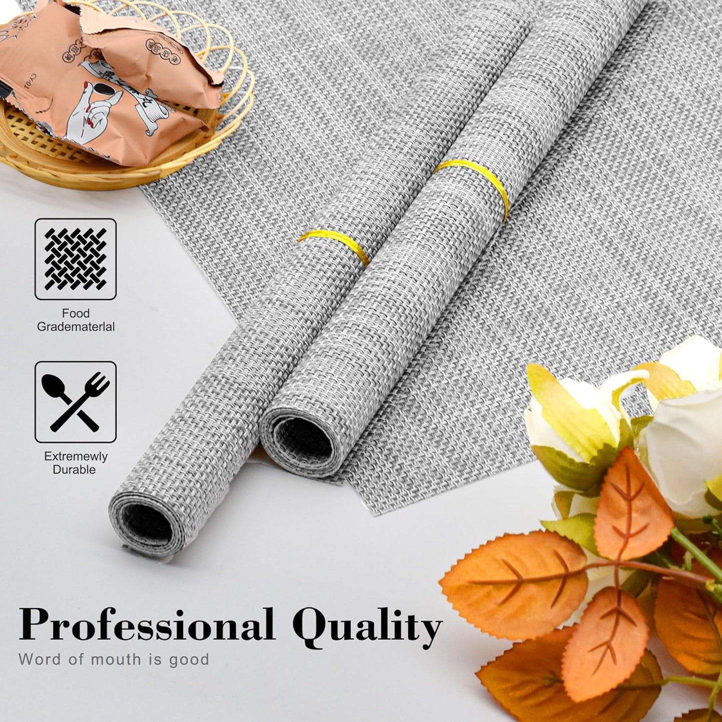 Placemats Set of 6 Washable Indoor/Outdoor Vinyl Place Mats for Dining Table Durable Non-Slip Heat Resistant PVC Weave Table Mats（Gray）