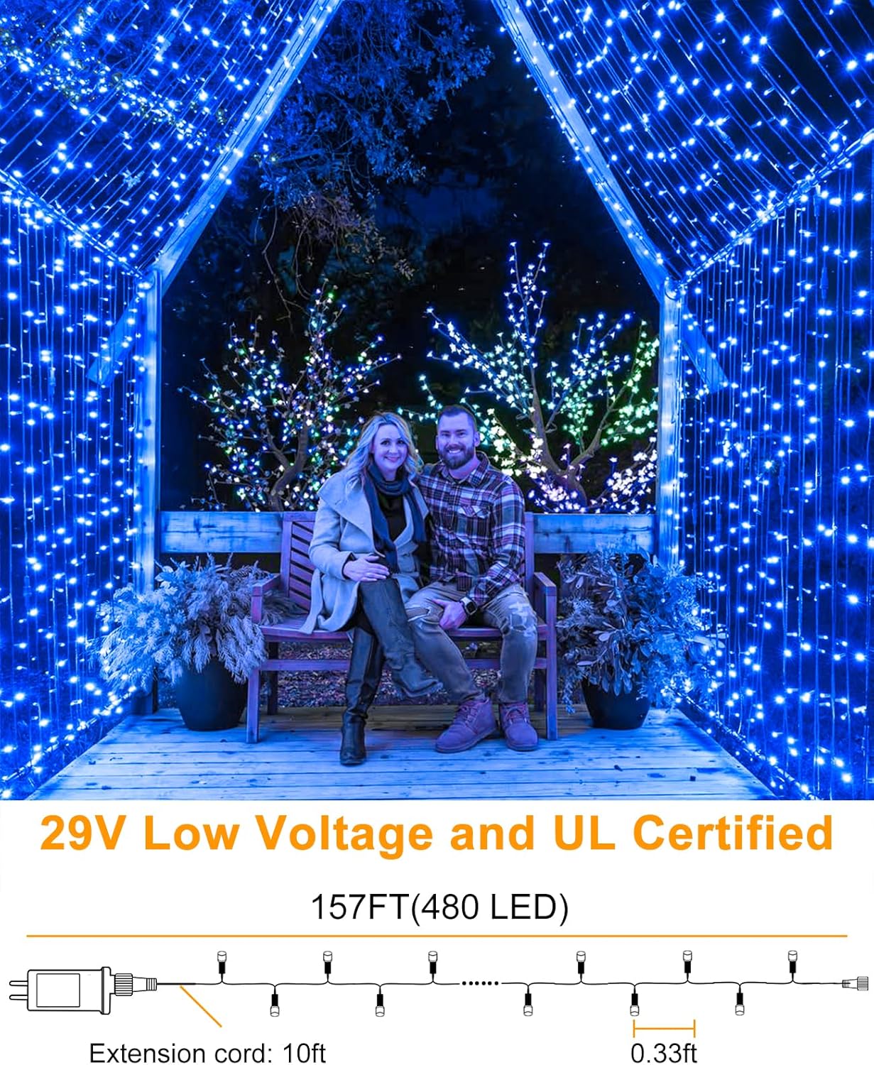 Christmas Lights Outdoor, 157FT 480 LED Plug in Christmas Tree Lights Waterproof, 8 Modes Green Wire Fairy String Light for Indoor Bedroom Garden Patio Porch Xmas Wedding Party Decorations, Blue