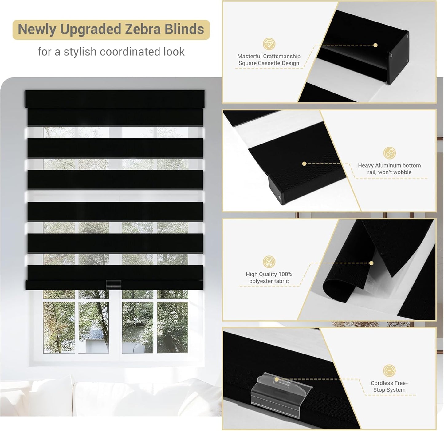 Cordless Zebra Blinds for Windows, Blackout Interior Blinds,Easy to Install,UV Protection,for Offices and Home,Custom Roller Shades, Solid Black, 45" W x 36" H