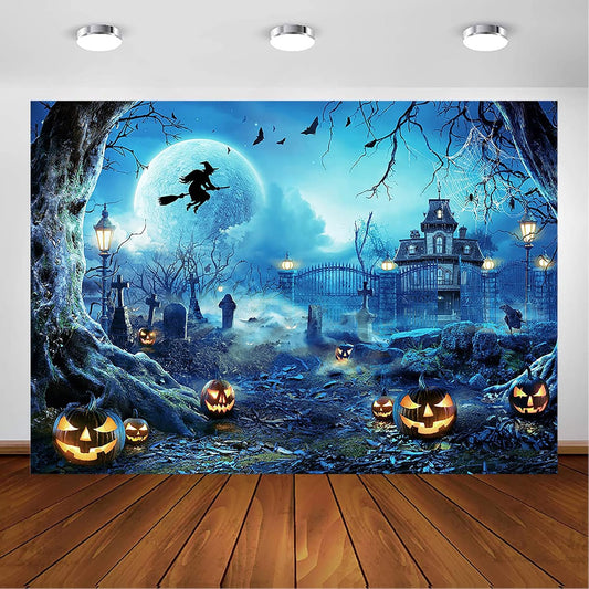 Avezano Halloween Photography Backdrop Full Moon Scary Night Castle Pumpkins Party Background Spooky Witch Bats Cemetery Child Kids Halloween Party Decorations Photoshoot Backdrops (7x5ft, Blue)