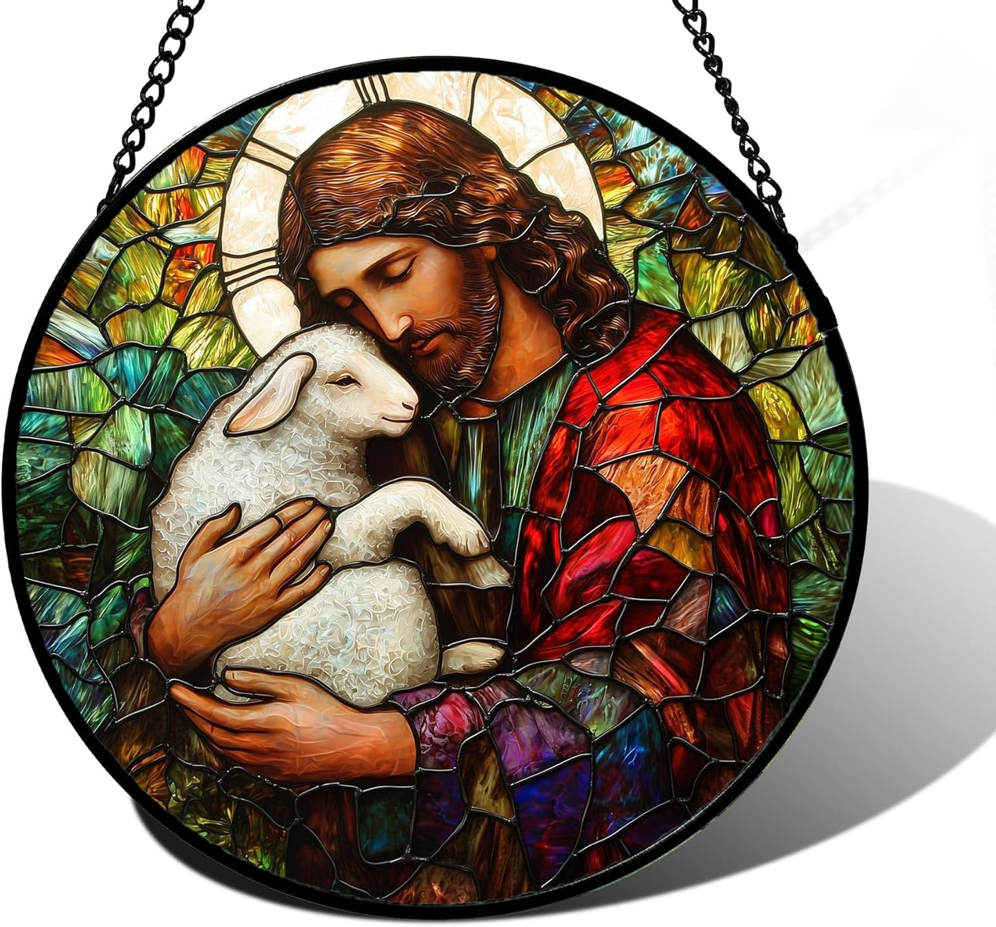 Stained Glass Window Hanging, Jesus Little Lamb Sun Catchers Colorful Glass Panel Christianity Suncatcher Decor for Birthday for Women, Men, Wife, Aunt, and Mom 6.3 in