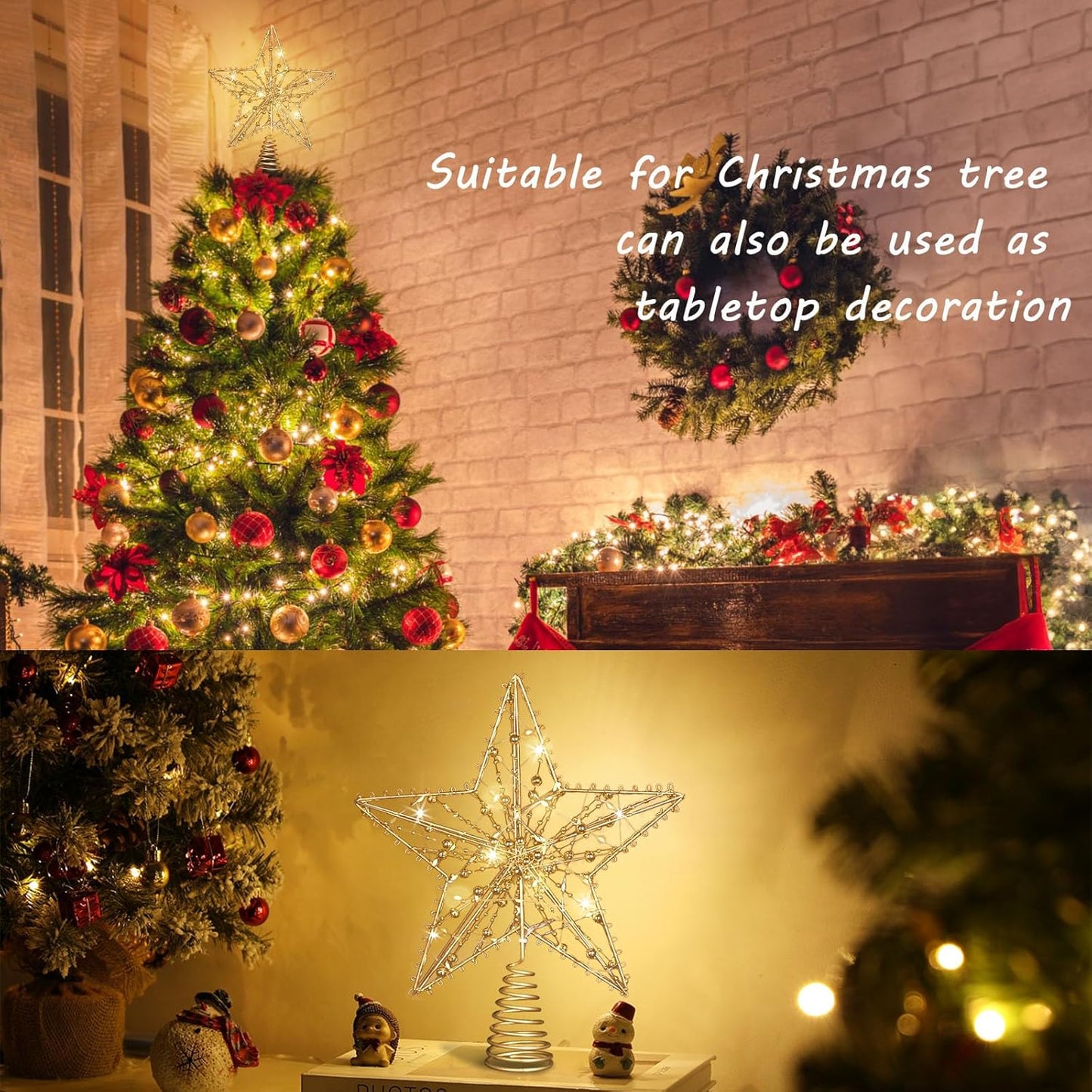 Christmas Tree Topper Star, Gold Star Tree Toppper with 50 Warm LED Lights Glittered Pearl Beads and 8 Lighting Modes Timer for Christmas Tree Decorations and Xmas Holiday Seasonal Decor