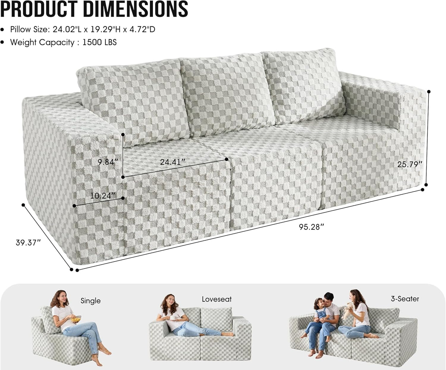 Modular Sectional Sofa 3-Seater Modular Couch with Deep Seat Memory Foam Cloud Chair with Pillows Oversized Sectional Sofa for Living Room Bedroom (Plush GREYOLIVE, 3-Seater)