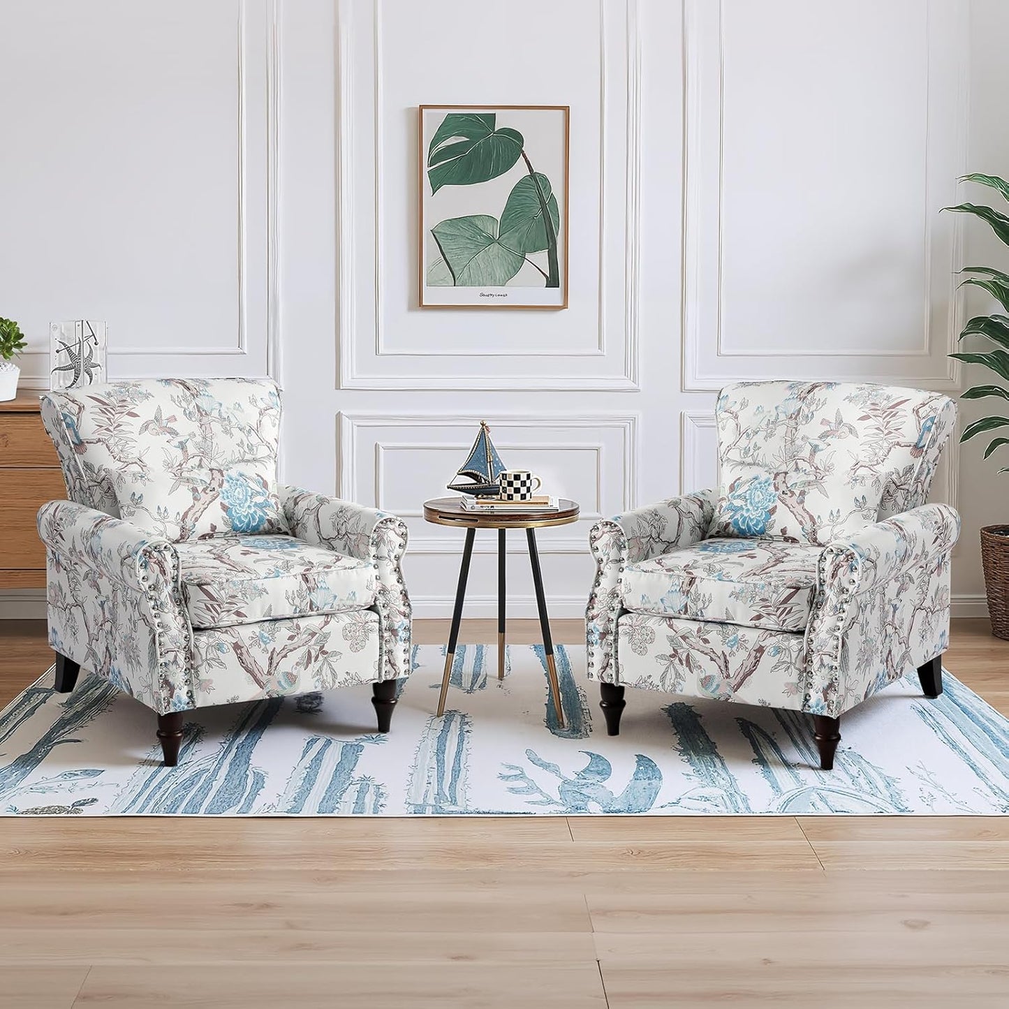 Wingback Accent Chair with Removable Pillow, High Back Floral Armchair with Solid Wood Legs & Nailhead Trim, Comfy Upholstered Reading Single Sofa Chair for Bedroom (2, Bird Floral Pattern)