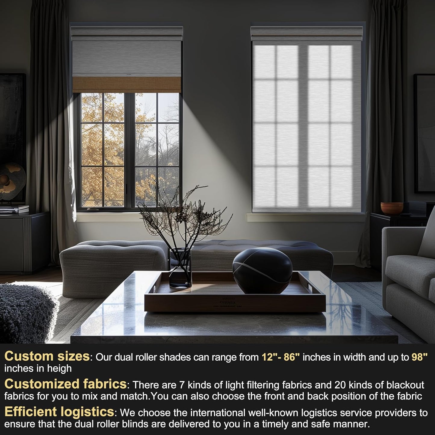 BERISSA Dual Roller Shades with Cassette Valance, Blackout and Light Filtering, Day and Night Shades for Home Office Door. Linen Beige and White. 33 W x 44" H