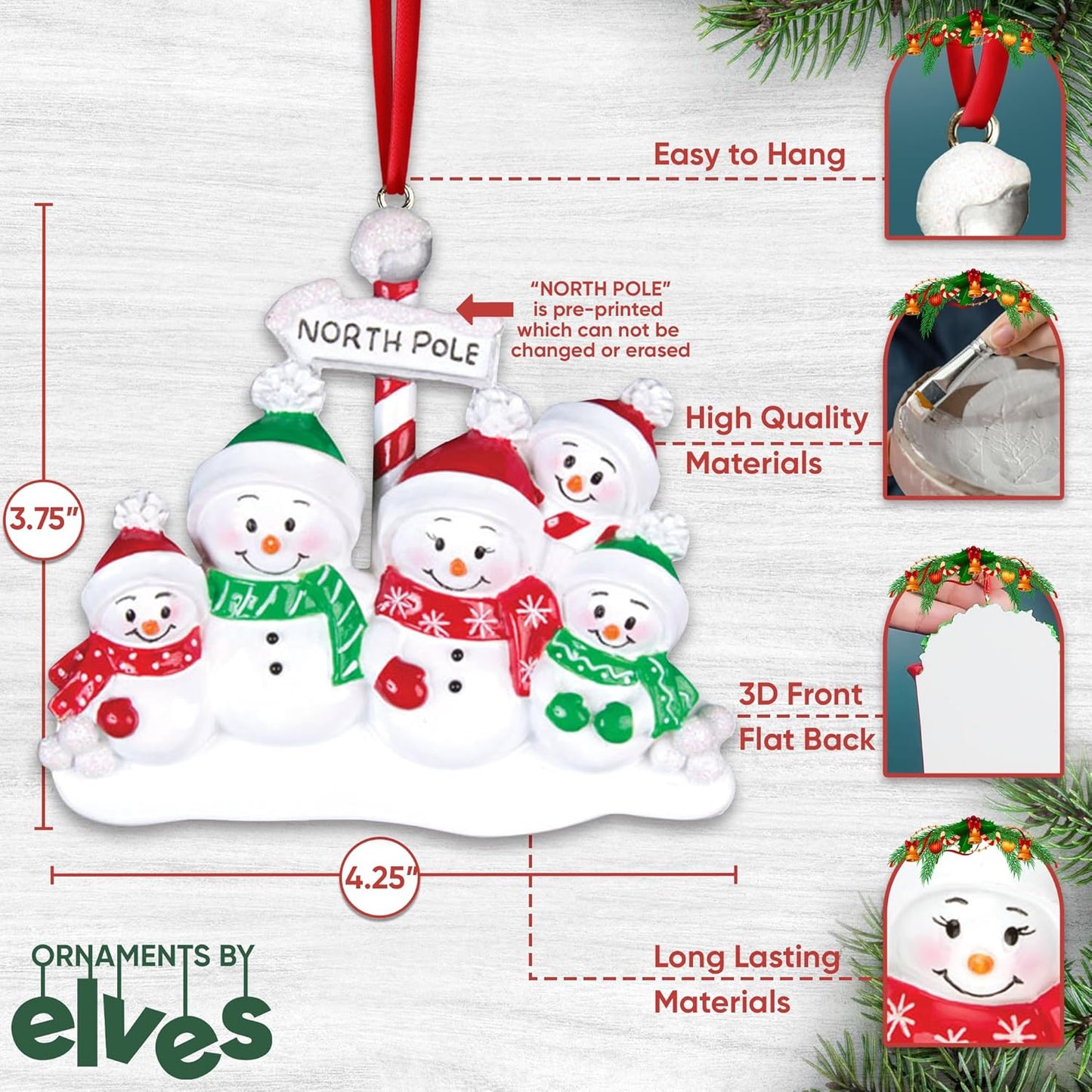 3D Frosty Snowman Family of 5 Christmas Ornament 2025 Personalized Family Christmas Ornaments 2025 | Winter Holiday Snowmen Personalized Tree Ornaments Customizable Gifts Snow People of Five Ornament