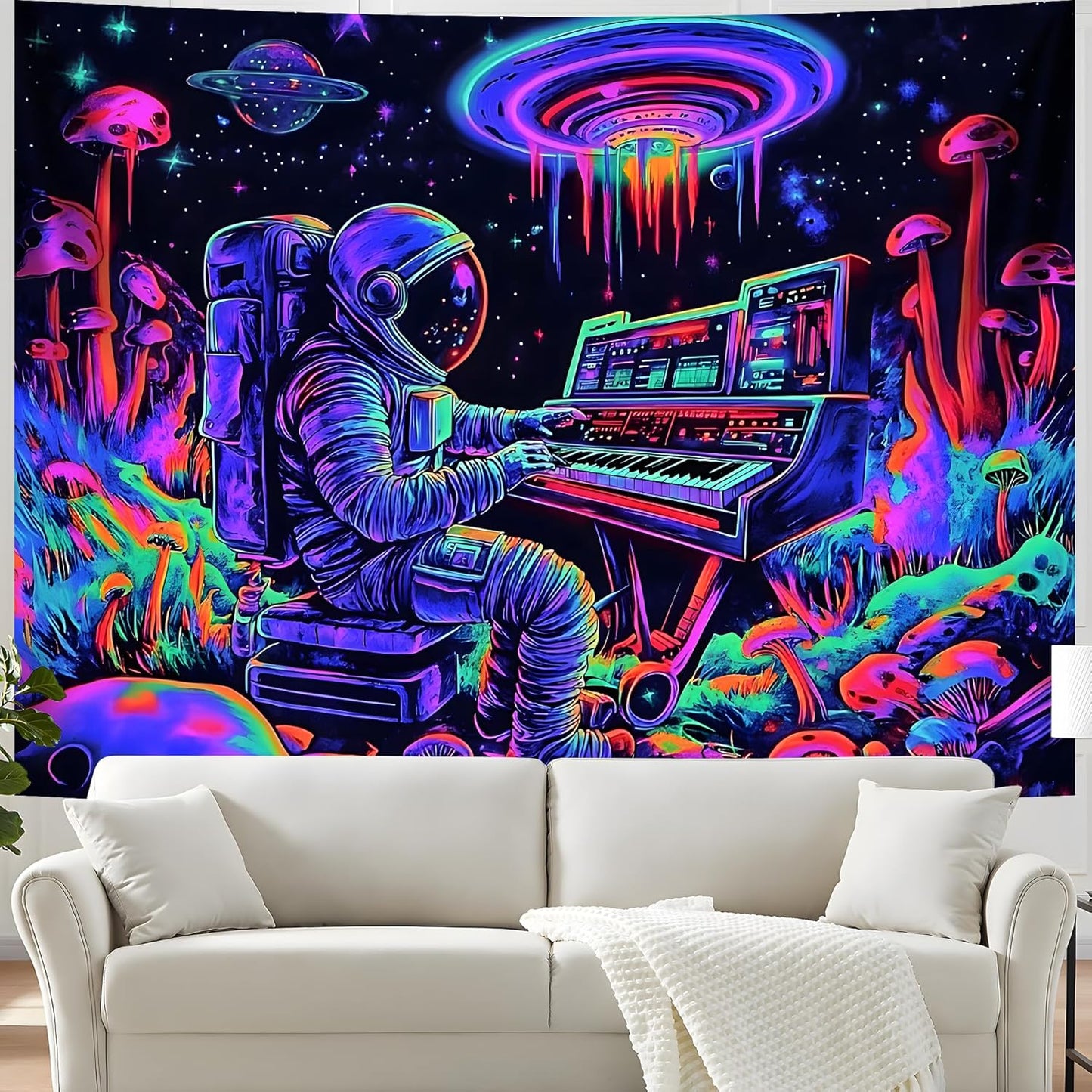 BVBOX Astronaut Space Blacklight Tapestry 79"x59", UV Reactive Astronaut Electronic Piano Universe Galaxy Planet Glow in Dark Music Tapestries, Black Light Neon Upright Poster Wall Hanging Backdrop Decor for Bedroom Living Room