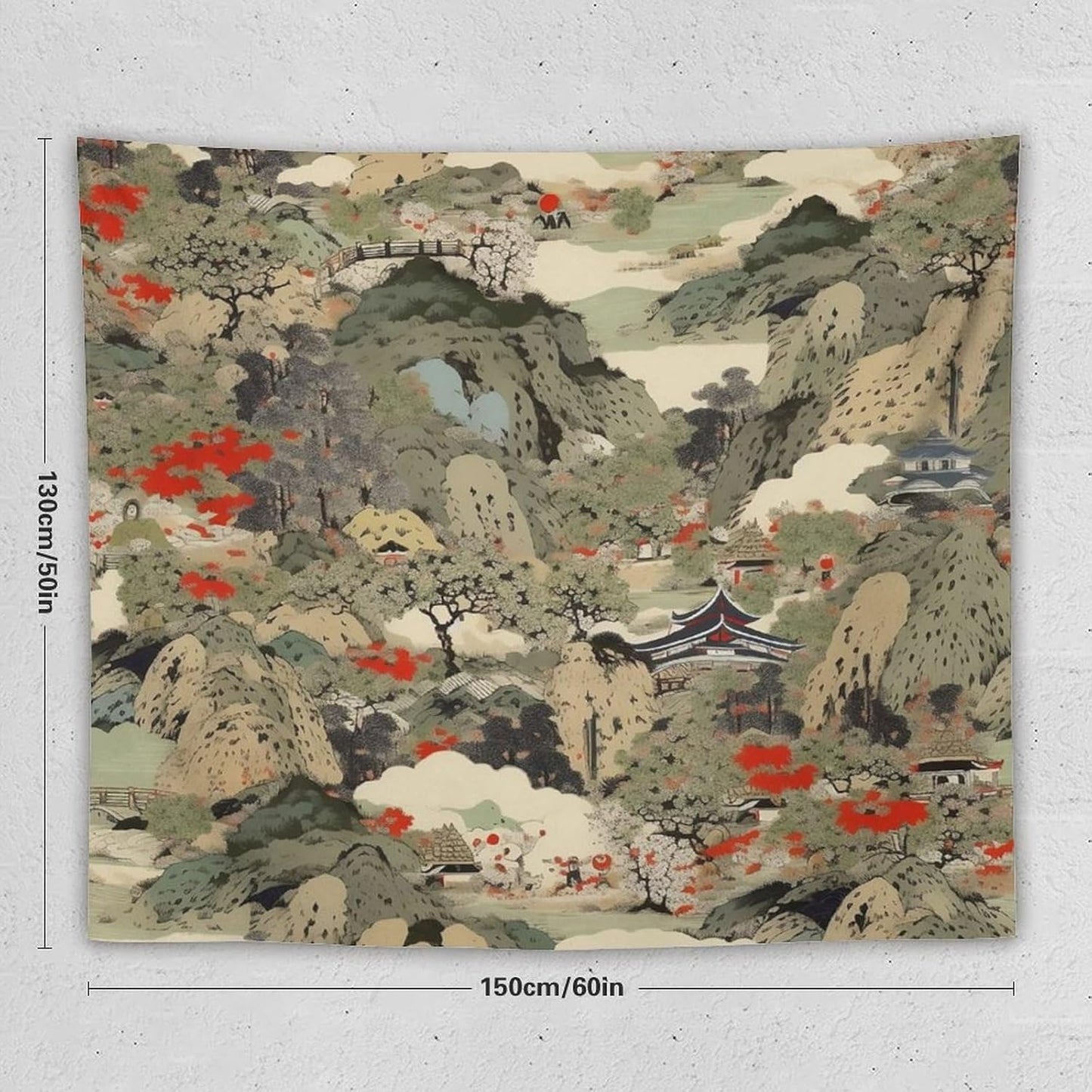 Asian Tapestry,Japanese Red Landscape Asian Watercolor Abstract Art Tapestry, Asian Japanese Wall Tapestry, Nature Landscape Tapestries for Bedroom Living Room Decor 60"x50"