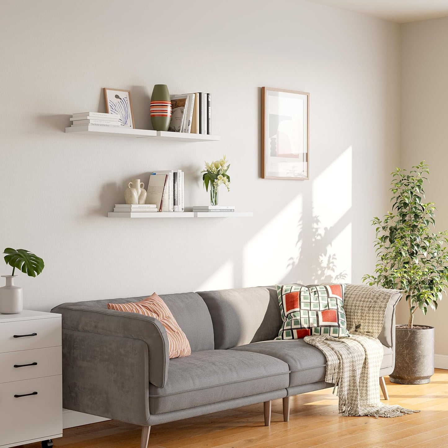 16’’White Floating Shelves for Wall Set of 4,Rustic Wood Shelf for Room Decor/Storage/Display,Small Bookshelf,Wall Mounted Hanging Shelves for Bedroom, Bathroom, Living Room, Kitchen