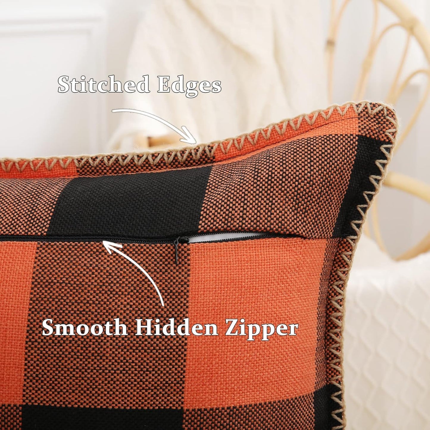 decorUhome Fall Orange and Black Decorative Throw Pillow Covers 22x22 Set of 2, Buffalo Plaid Check Farmhouse Cushion Covers with Stitched Edge for Autumn Harvest Couch Sofa Bed Home Decor