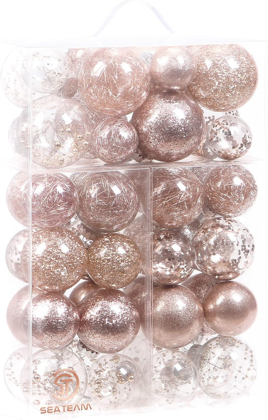 Sea Team Christmas Baubles Set Clear Plastic Shatterproof Multi-Size Decorative Christmas Balls with Stuffed Delicate Decorations (48 Pieces, Rose Gold)