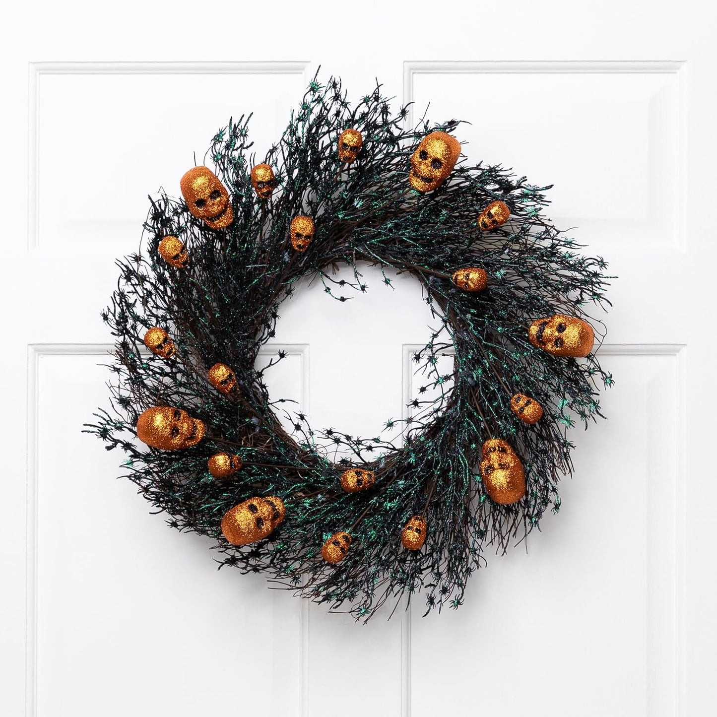 Glittered Skulls and Spiders Halloween Twig Wreath - 22" - Unlit