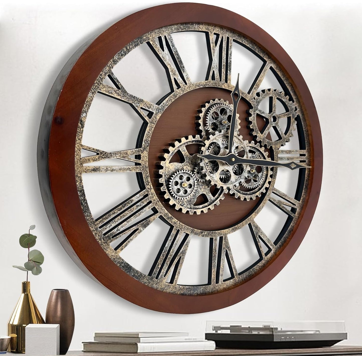 The B-Style Large Wall Clock 24 inch Moving Gear Wall Clock Oversized Vintage Farmhouse Wall Clocks for Living Room Decor Rustic Industrial Wood Clock (Black walunt Wood and Bronze)