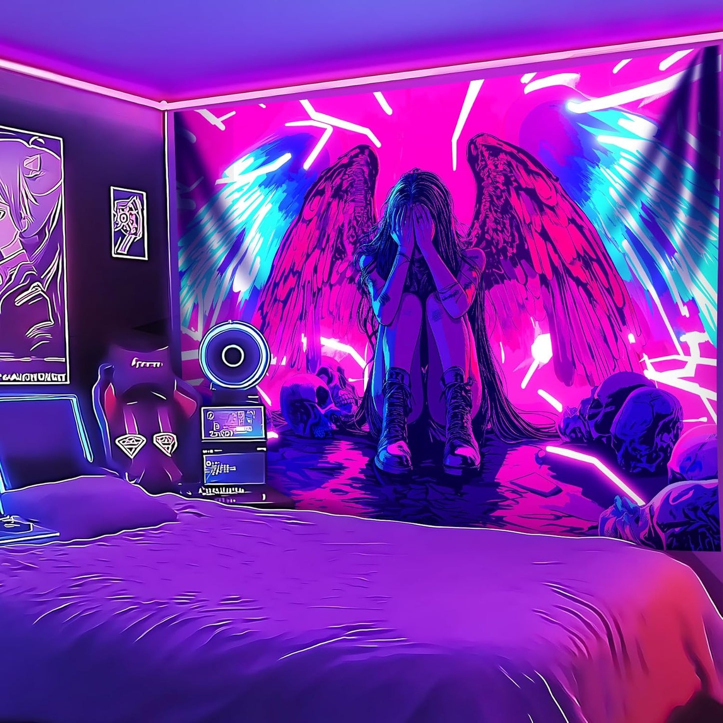 Blacklight Tapestry,WingTapestry Glow In The Dark,UV Reactive Black Light Upright Posters Wall Hanging for Bedroom Dorm Living Room Backdrop Decor (wing5, 59L" x 51W")