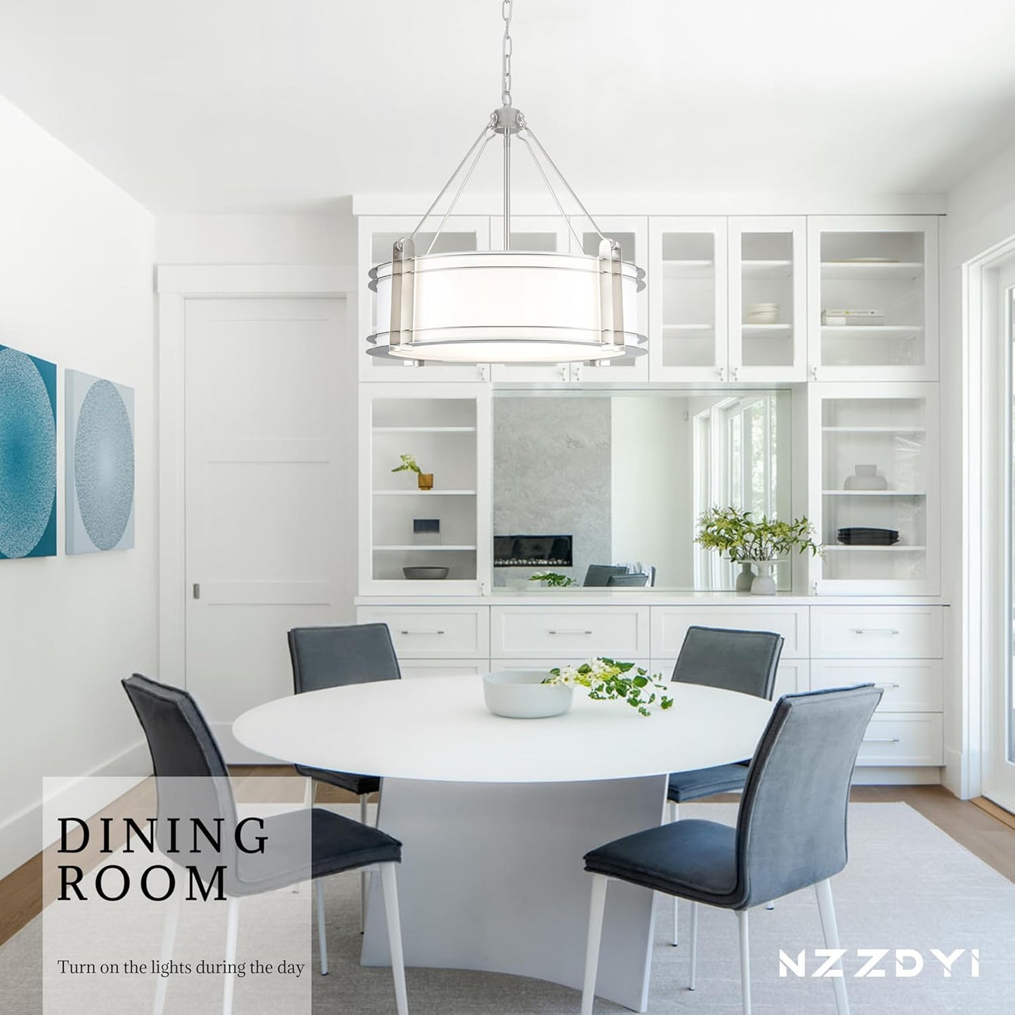 20.4''Drum Chandelier,5-Light Brushed Nickel Modern White Fabric Chandeliers,Farmhouse Round Pendant Light Fixture for Dining Room Kitchen Island Living Room Bedroom Hallway