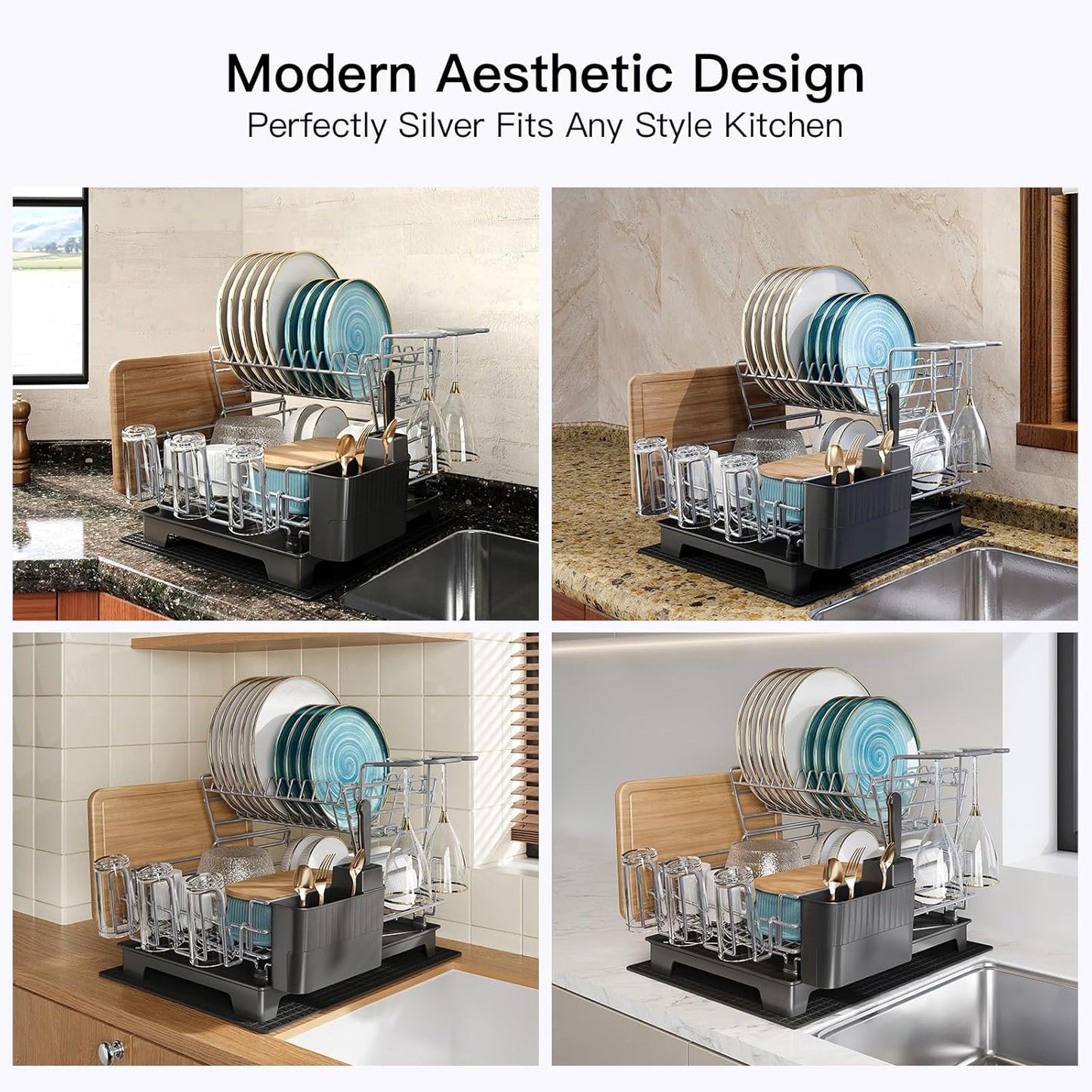 BOOSINY 2 Tier Grey Large Stainless Steel Dish Drainers Drying Rack for Kitchen Counter with Drainboard, Rust Proof Metal, Space Saving, Modern Aesthetic, Compact Plates Strainers with Extra Mat